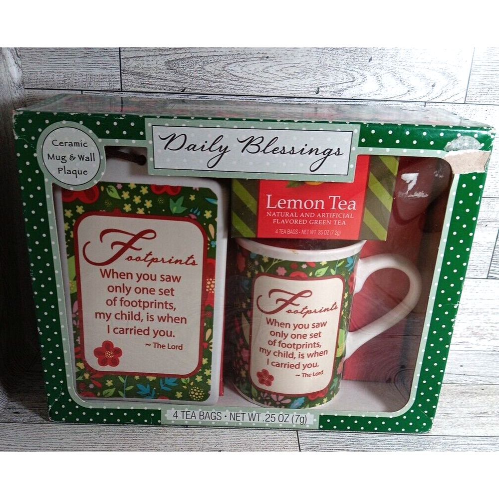 Vintage Footprint Daily Blessings Ceramic Gift Set Mug Wall Plaque‎ NEW open box